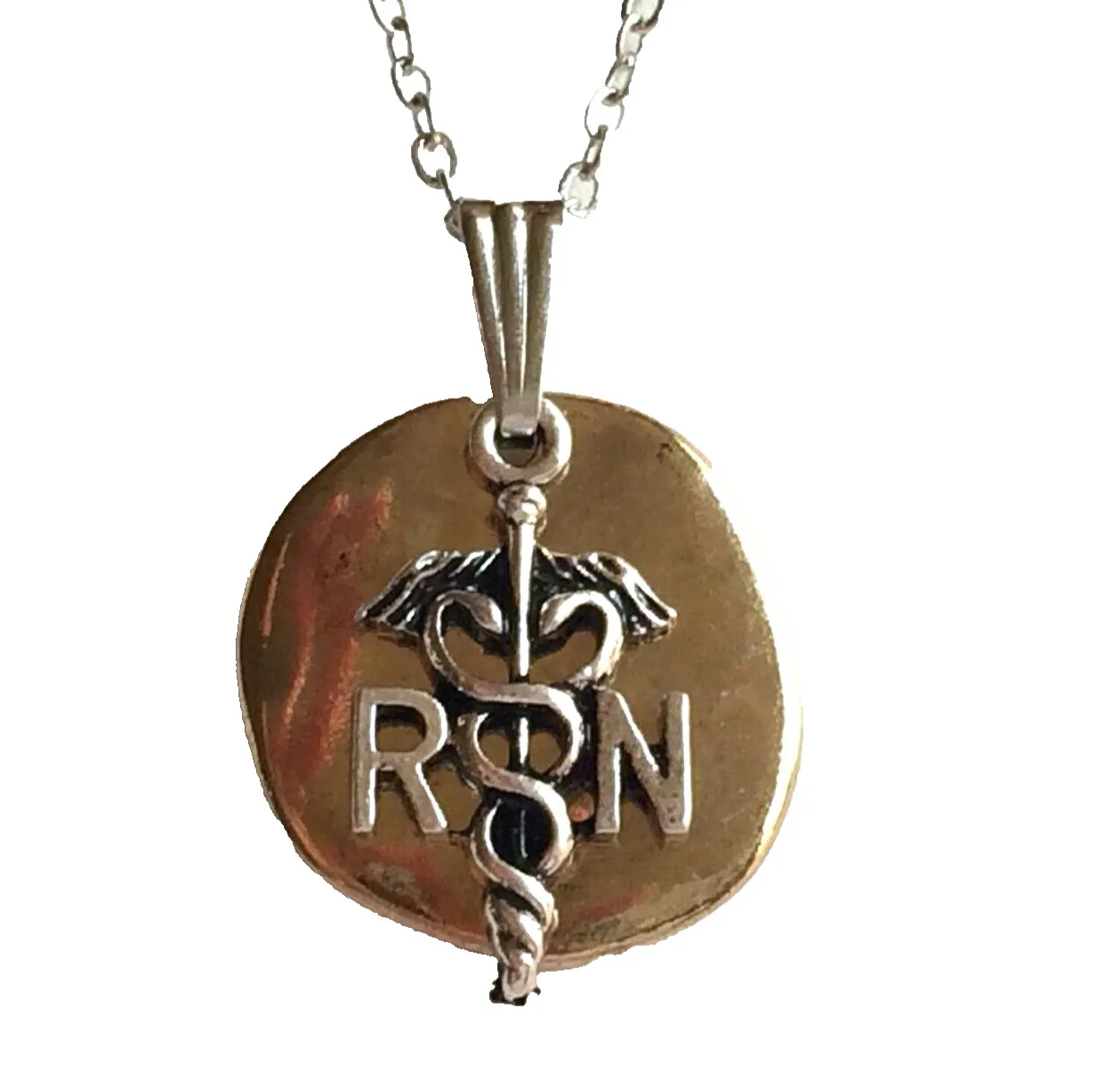 Authentic Nursing Caduceus RN Necklace 2 Tone Silver Gold Plated 18" Nurse Graduation