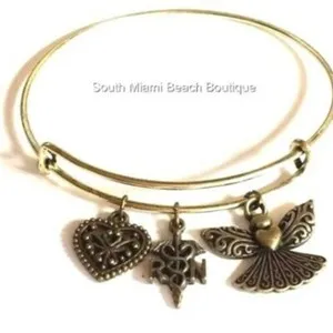 Authentic Nursing Caduceus RN Charm Bracelet Nurse Graduation Angel Gold Plated USA