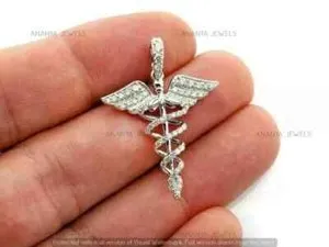 Authentic 2.00CT Round Cut Moissanite Caduceus Medical Charm Pendant 14K White Gold Plated