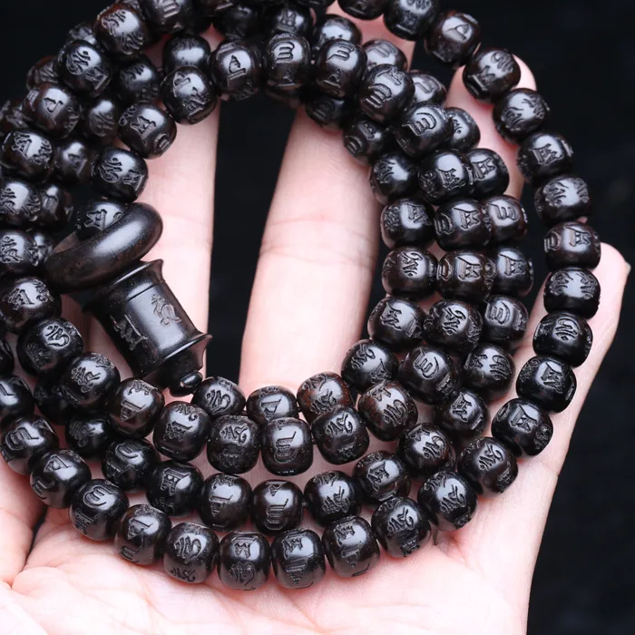 Authentic Natural Ebony Tibetan Buddhist Prayer Wheel Mantra Beads 8mmx9mm 108 Beads MALA Necklace