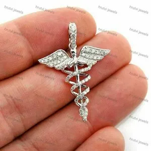Authentic 1.20 Ct VVS1 Moissanite Caduceus Medical Pendant Chain White Gold Plated Silver