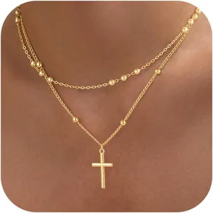 Authentic Cross Necklace for Women Dainty 14K Real Silver Gold Plated Layered Cross Pendan