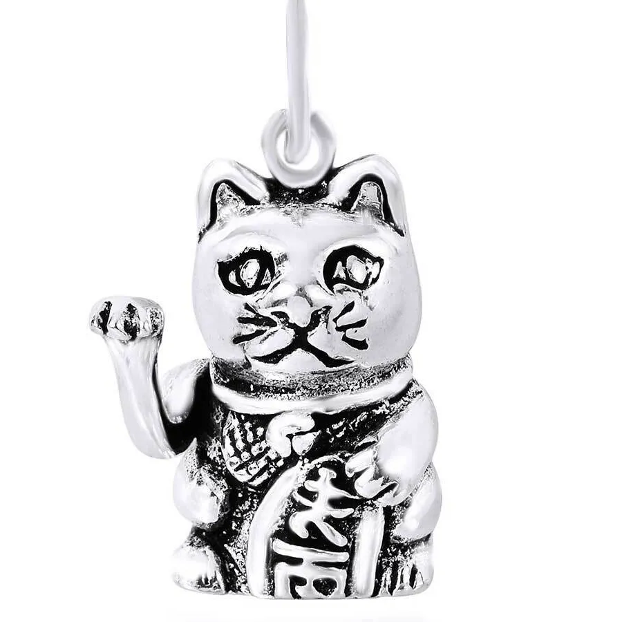 Authentic Maneki Neko Fortune Beckoning Cat - Radiance 14K White Gold Plated Silver Talisman