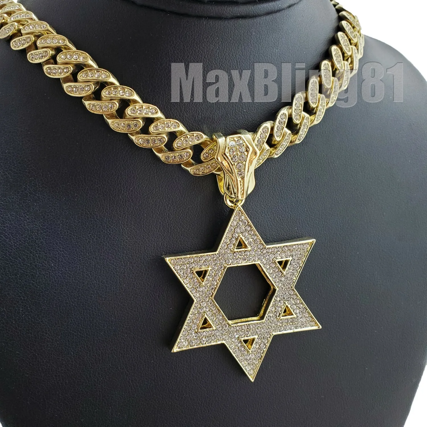 Authentic Gold Plated Star of David Pendant & Iced Cuban Cubic Zirconia Chain Necklace