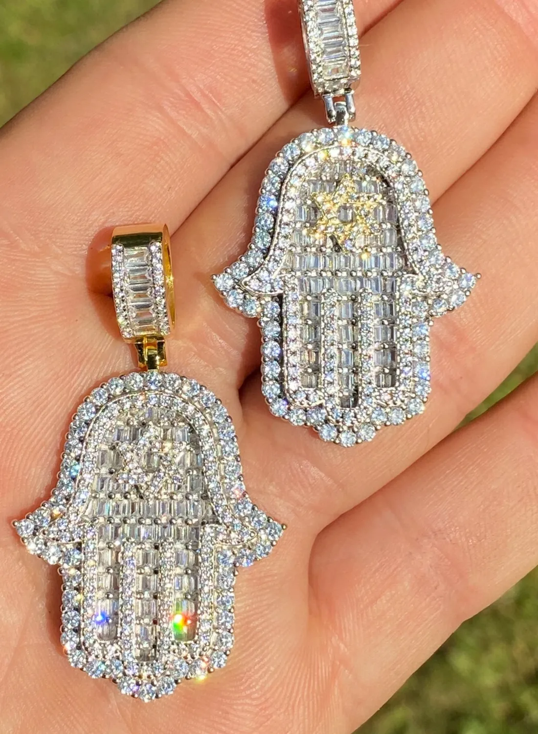 Authentic Real 925 Silver 14k Gold Plated Hip Hop Hamsa Hand Star Of David Pendant Iced CZ