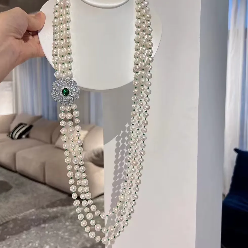 Authentic Whispers of Harmony: 3 Rows of White Pearl and Green Jade