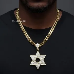 Authentic HIP HOP ICED GOLD PLATED STAR OF DAVID CZ LARGE PENDANT & 10mm 30" CUBAN CHAIN