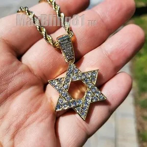 Authentic Iced Gold Plated Star of David Cubic Zirconia Pendant & 24" Rope Chain Necklace