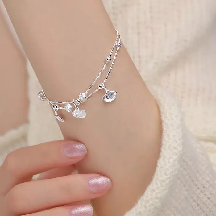 Authentic Trendy Frosted Bead Ginkgo Leaf Bracelet For Lady Hand Accessories Double Layer S925 Chain Bracelets Women Jewelry