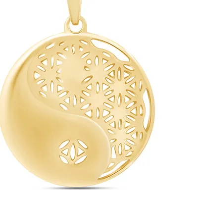Authentic Yin Yang Balance Flower Pendant 18" Necklace 14K Yellow Gold Plated Silver