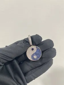 Authentic 14K White Gold Plated Yin Yang Ba Gua Tai Chi Pendant 1.5” Blue & White CZ Stone