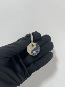 Authentic 14K Gold Plated Yin Yang Ba Gua Tai Chi Pendant 1.5” Blue & White CZ Stones