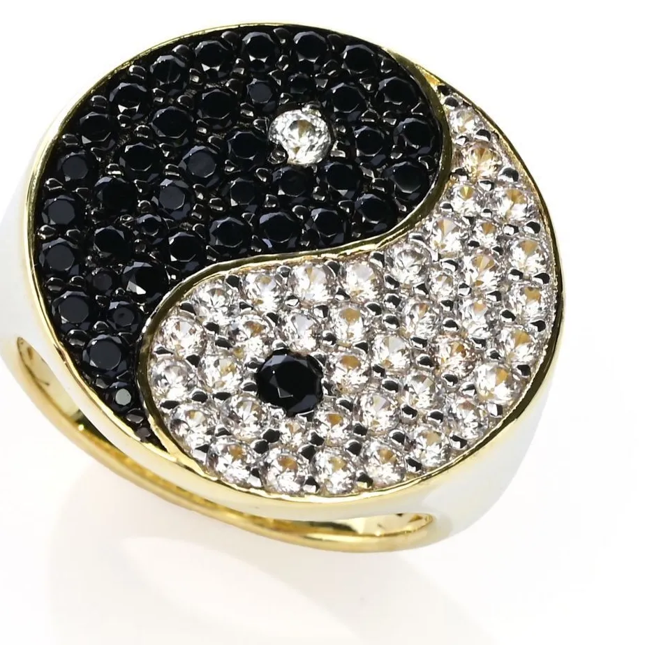 Authentic The Celestial Equilibrium 18K Gold Plated Yin and Yang Ring with White Zircon and Spinel