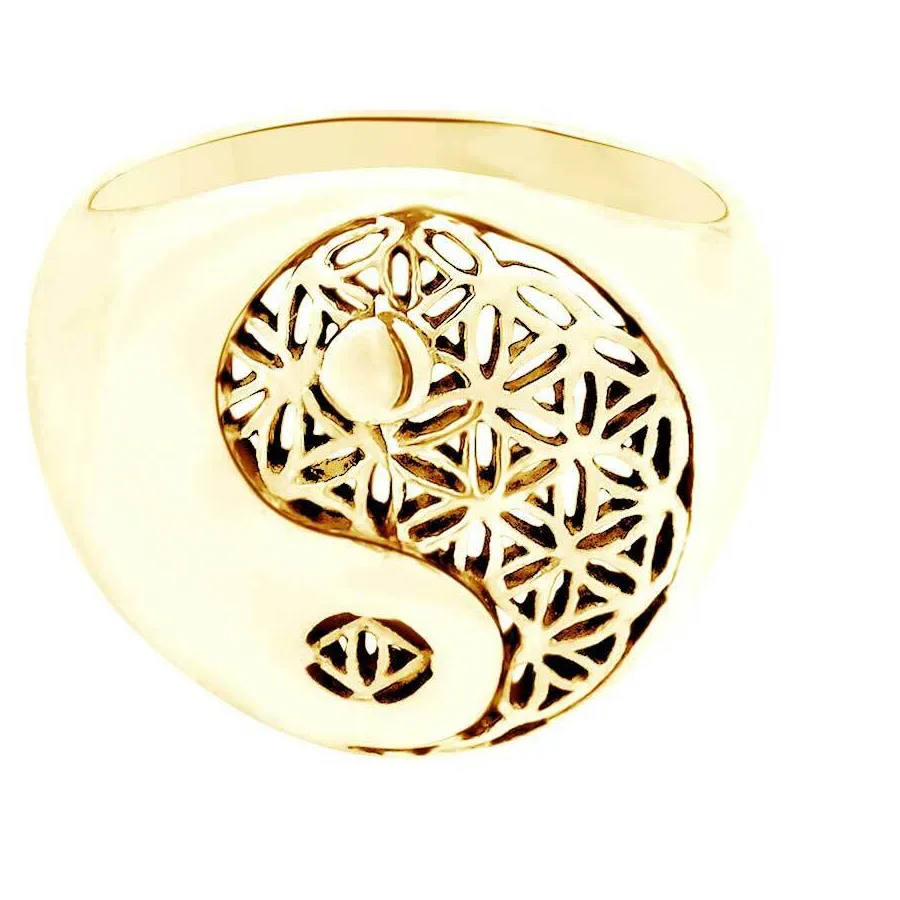 Authentic Yin Yang Balance Flower of Life 14K Yellow Gold Plated Silver Men's Ring