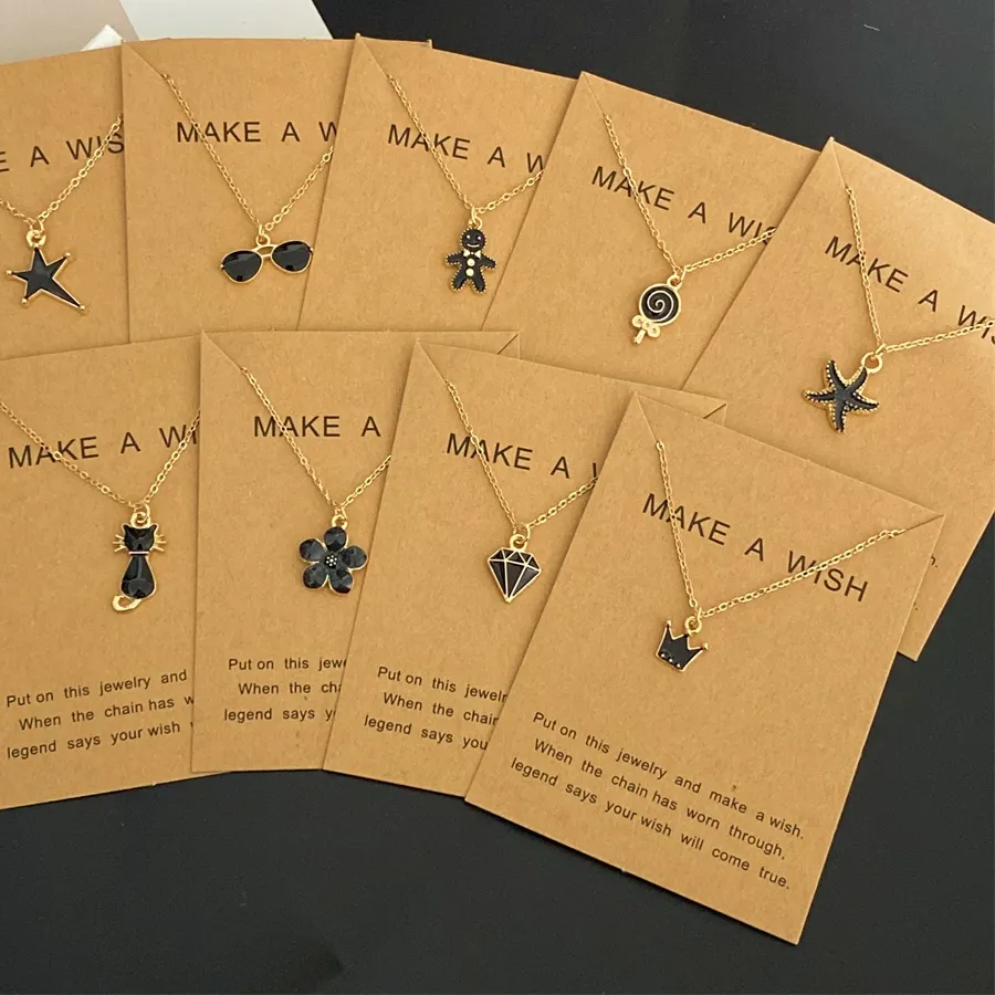 Authentic Black Pendant Necklace for Girl Women Sunglasses Star Cat Design Make A Wish Short Necklace Popular Neck Jewelry