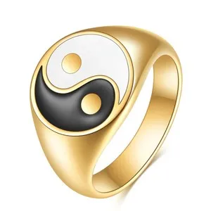 Authentic Yin Yang Ring Gold Plated Enamel Women Chubby Wedding Band