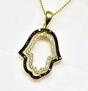Authentic Hamsa Hand Pendant 2Ct Round Lab-Created Black Diamond 14K Two-Tone Gold Plated