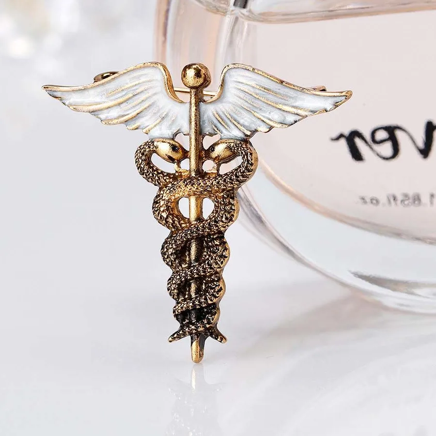 Authentic Serpent's Rod of Vitality — Enamel Caduceus Brooch Pin