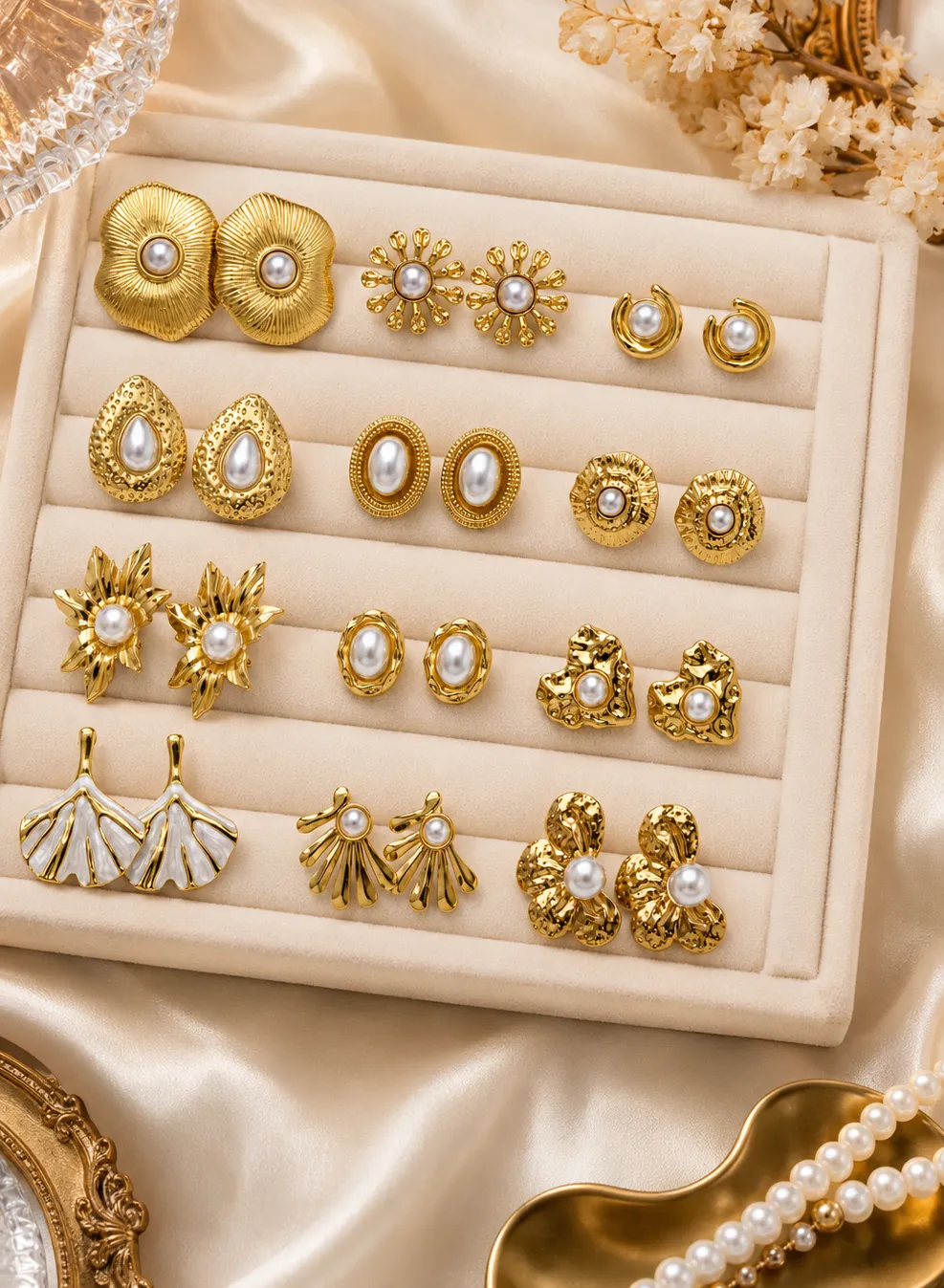 Authentic Vintage Imitation Pearl Stud Earrings Multi Textured Floral Ginkgo Leaf Teardrop Geometric Gold Ear Jewelry