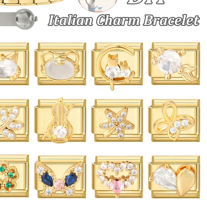 Authentic Y2K Gold Color Zircon Butterfly Leaf Moon Cat Flower Italian Charm Links Fit 9mm Stainless Steel Bracelet Women DIY Making Gifts