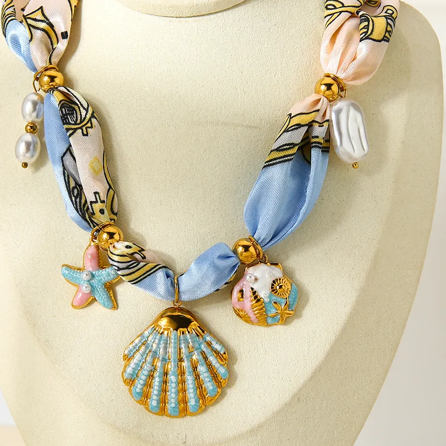 Authentic INS Ocean Necklace Colorful Enamel Starfish & Shell Pendant 18K Gold Plated Stainless Steel Ribbon Chain Necklace for Women