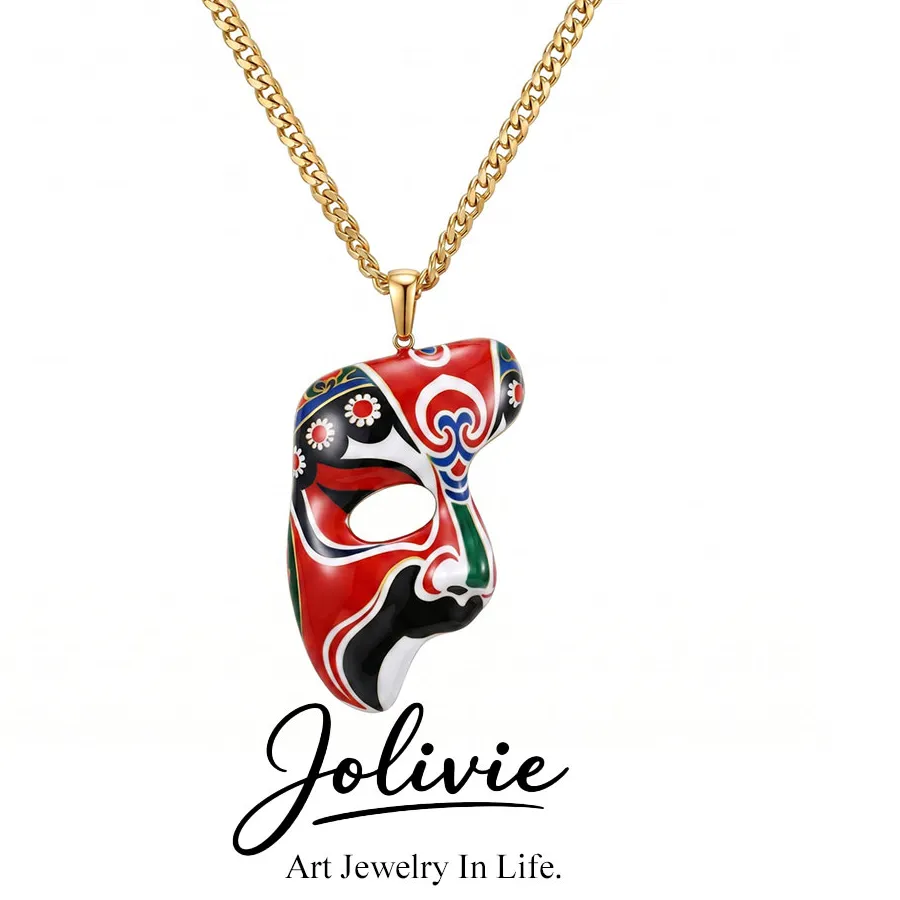 Authentic Jolivie Peking Opera Mask Pendants Neckalce For Women Trendy 18k PVD Gold Plated Necklace Punk Choker Chain