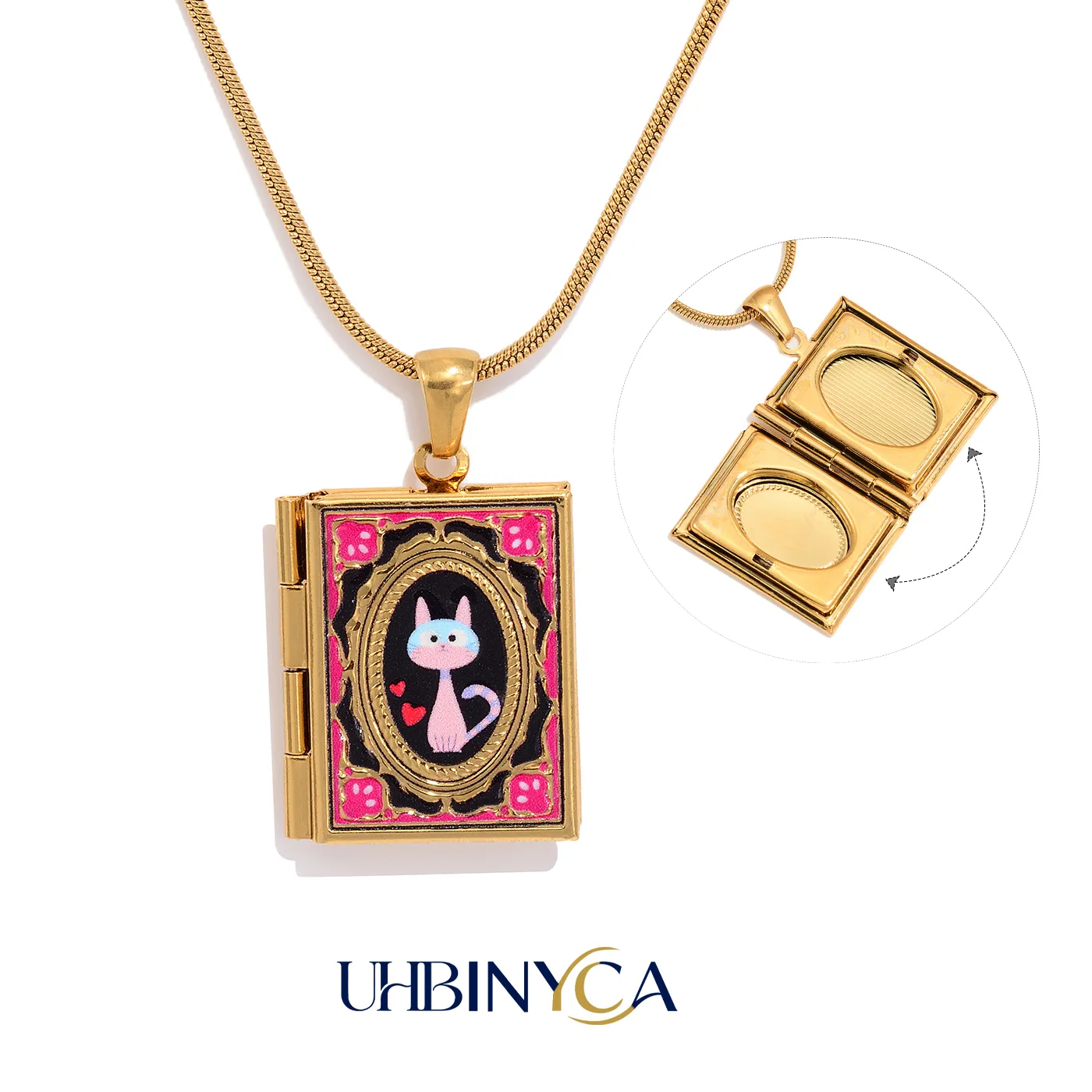 Authentic Locket Necklace Square Pink Cat Pendant Open To Hold Picture Photo 18K Gold Plated Lucky