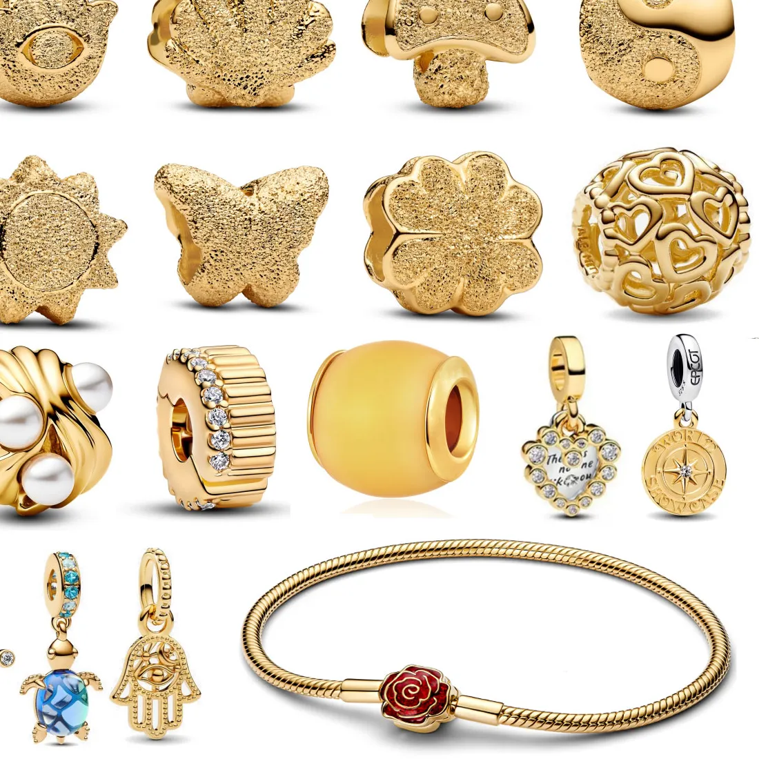 Authentic Frosted18K Gold Plated Charms Silver 925 Original For Women Jewelry Fit Bracelet Fatima Yin-Yang Sun Mushroom Turtle Beads Charm