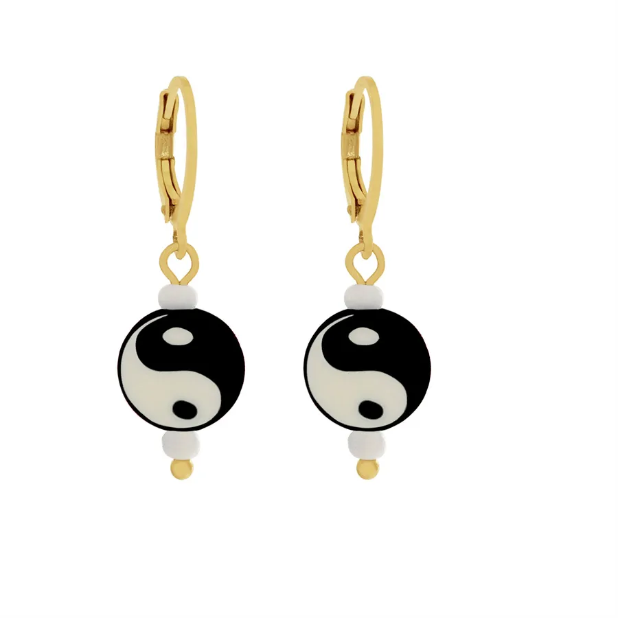 Authentic Trendy Gold Color Hoop Taiji YinYang White Black Yellow Green Pink Round Clay Pearl Charm Earrings For Women Girl Cute Jewelry