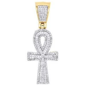Authentic 0.90 Ct Simulated Diamond 14K Yellow Gold Plated Ankh Cross Men's Pendant 1.50"