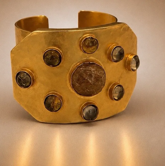 Authentic Celestial Tiger’s Gaze: 24k Gold‑Plated Hammered Cuff of Mystic Vision