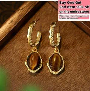Authentic Tiger's Eye Teardrop Drop Dangle Earrings 18K Gold Plated Vintage Hoop Jewelry