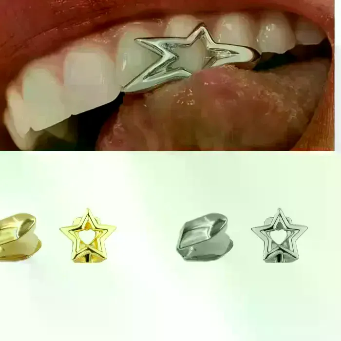 Authentic 2Pcs Y2K Punk Glossy Hollow Irregular Star Pentagram Grillz Double Tooth Caps Irregular Shape Teeth Jewelry