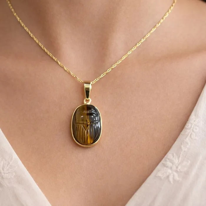 Authentic Tiger Eye Scarab Pendant 14k Gold Plated 925 Sterling Silver