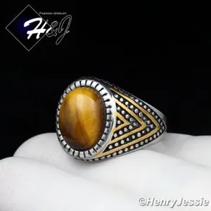 Authentic MEN's Oval Tiger Eye Silver/Gold Plated Ring Size 8-13*TR115