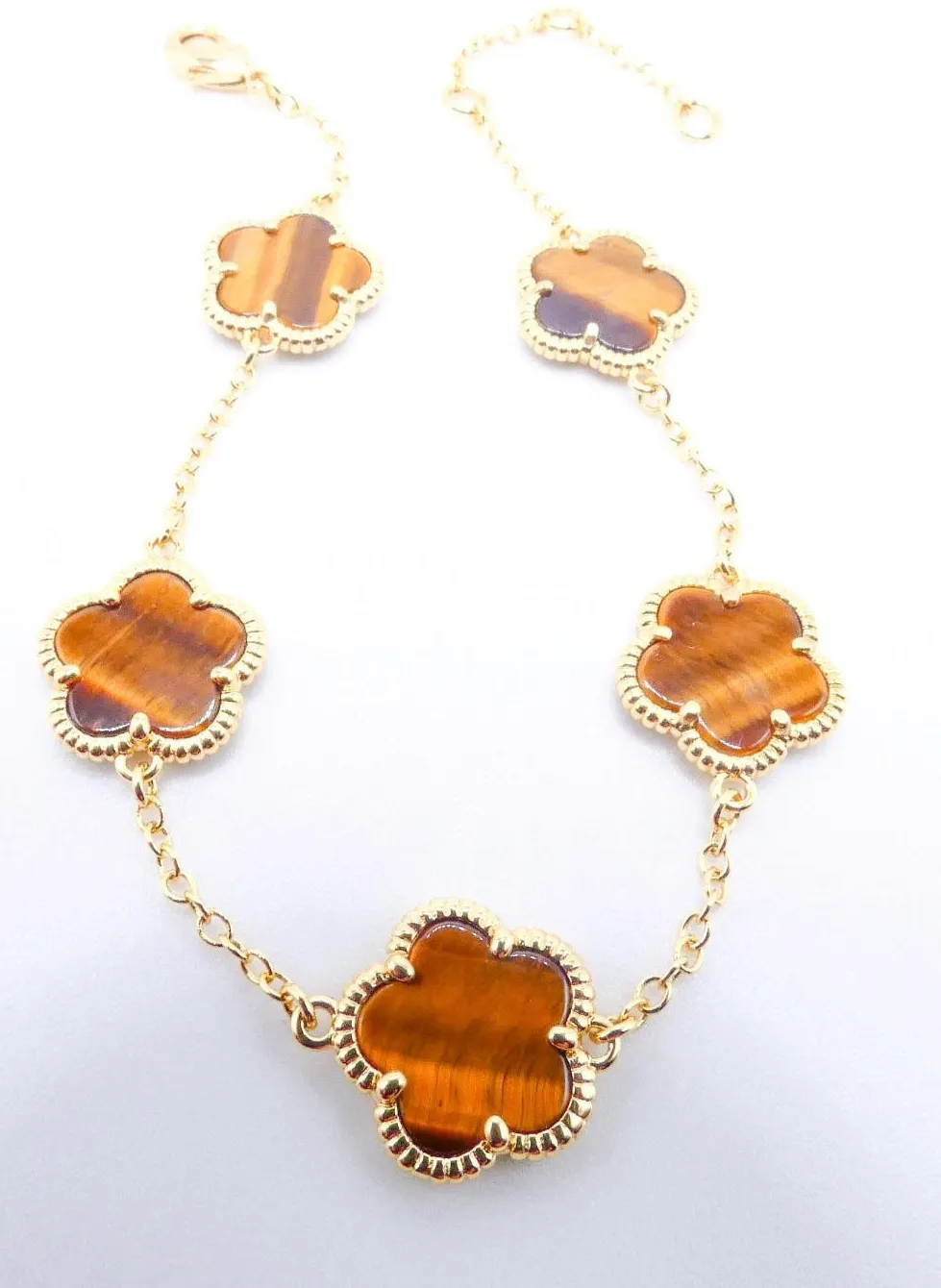 Authentic LUXURIOUS Danity 18kt Gold Plated Brown Tiger Eye 5 Pcs Clover Charms Bracelet