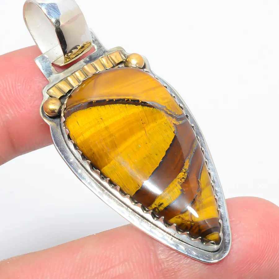Authentic Tiger Eye 925 Silver Two Tone Gold Plated Pendant 2.15" T6