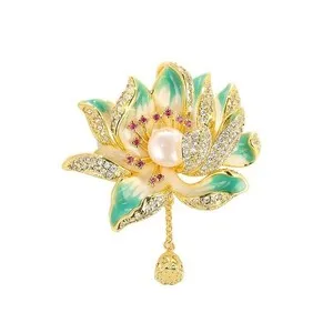 Authentic Lotus of Radiant Dawn: 18K Gold‑Plated Crystal Brooch