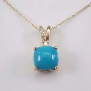 Authentic Cushion Cut LabCreated Turquoise Women Pendant 14K Yellow Gold Plated with Chain