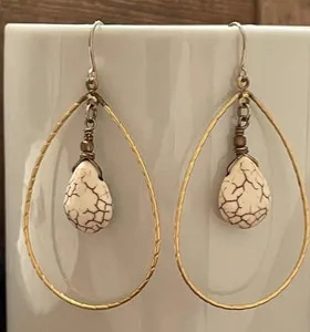 Authentic WHITE TURQUOISE STONE AND GOLD PLATED HOOP EARRINGS