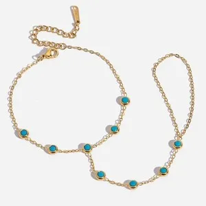Authentic Turquoise Link Bracelet 18K Gold Plated Adjustable for Women