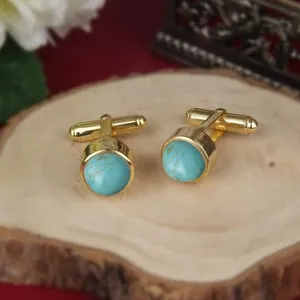 Authentic 3Ct Round Cut Lab-Created Turquoise Men's Groom Cufflinks 14K Yellow Gold Plated