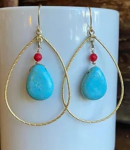 Authentic TURQUOISE & CORAL GOLD PLATED HOOP EARRINGS