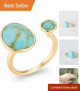 Authentic Elegant Simulated Turquoise Ring in 14K Gold-Plated - Adjustable Size 6-8