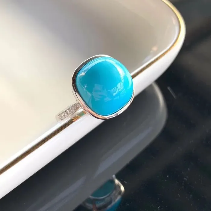 Authentic Classic glossy Turquoise Bread Square rings for women Simple vintage Blue Ring Suitable for Daily Wear Light Luxury Jewelry