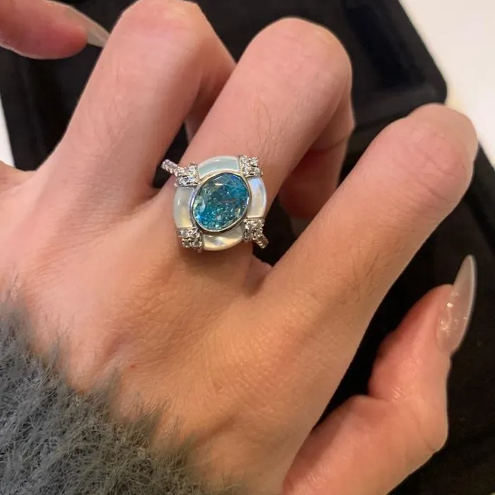 Authentic Light Luxury Blue Aquamarine gemstone Oval White Fritillaria rings for women vintage Palace Style Ring Wedding Jewelry