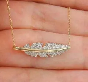 Authentic 2.00Ct Round Cut Simulated Diamond 14K Yellow Gold Plated "Feather" Necklace