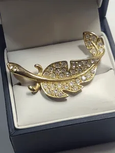 Authentic 18K Rolled Gold Plated Crystal Feather Brooch - Women's Jewelry