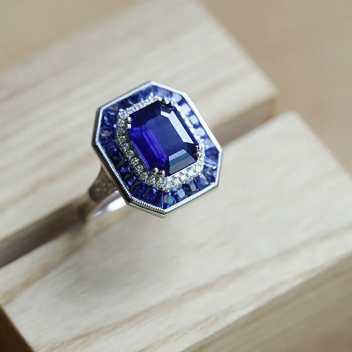 Authentic Vintage in Blue Gemstone Wide Square Engagement Ring Court style Classic Banquet engagement Jewelry for Women party