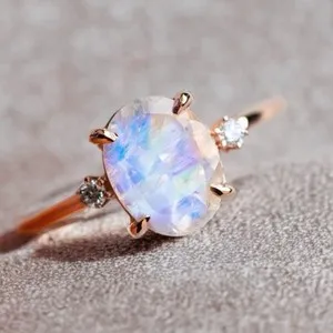 Authentic Oval Cut Moonstone Prong Set Art Deco Promise Ring 14k Yellow Gold Plated